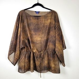 Chaps Brown Snakeskin Print Sheer Kimono Sleeve Drawstring Waist Tunic Top